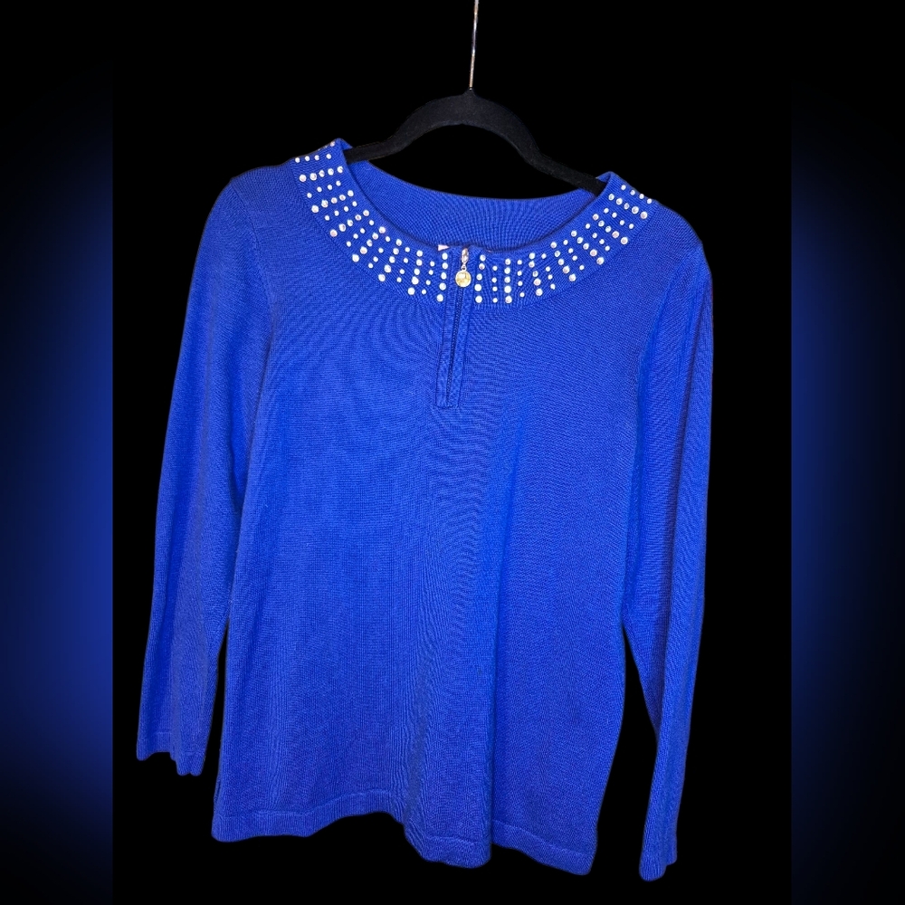 Quacker Factory Royal Blue Long Sleeve Women's Top with Embellished Neckline